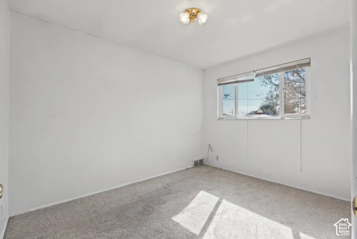 Neutral-toned wall finish, wall-to-wall carpeting, window with integrated blinds, and dual-bulb flush-mount ceiling light fixture