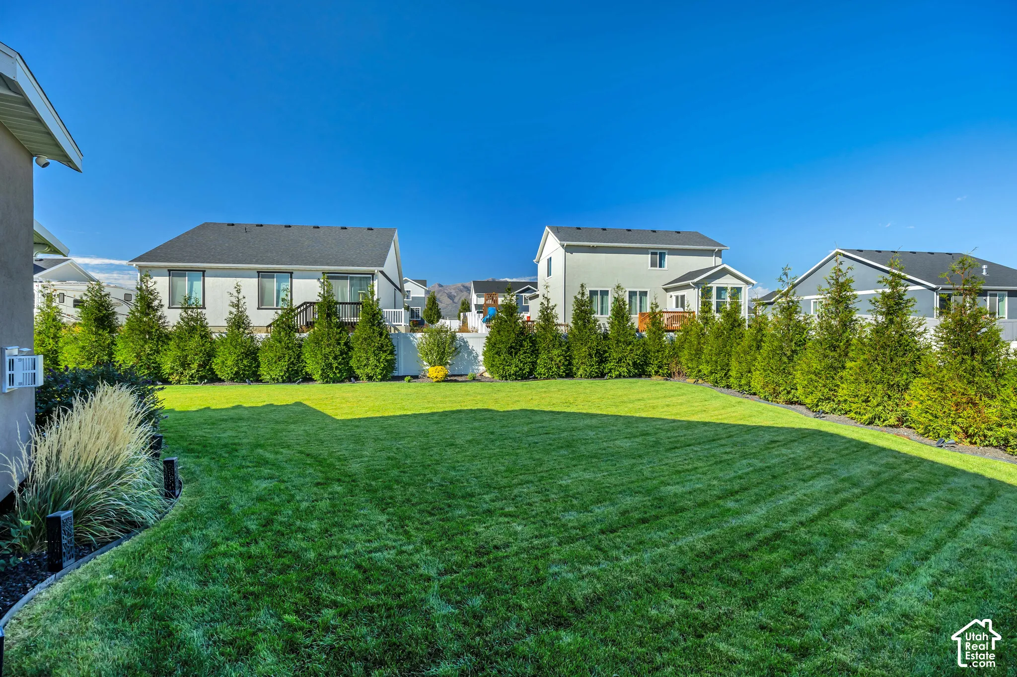Backyard featuring a manicured lawn, perimeter evergreen trees, and a white vinyl fence