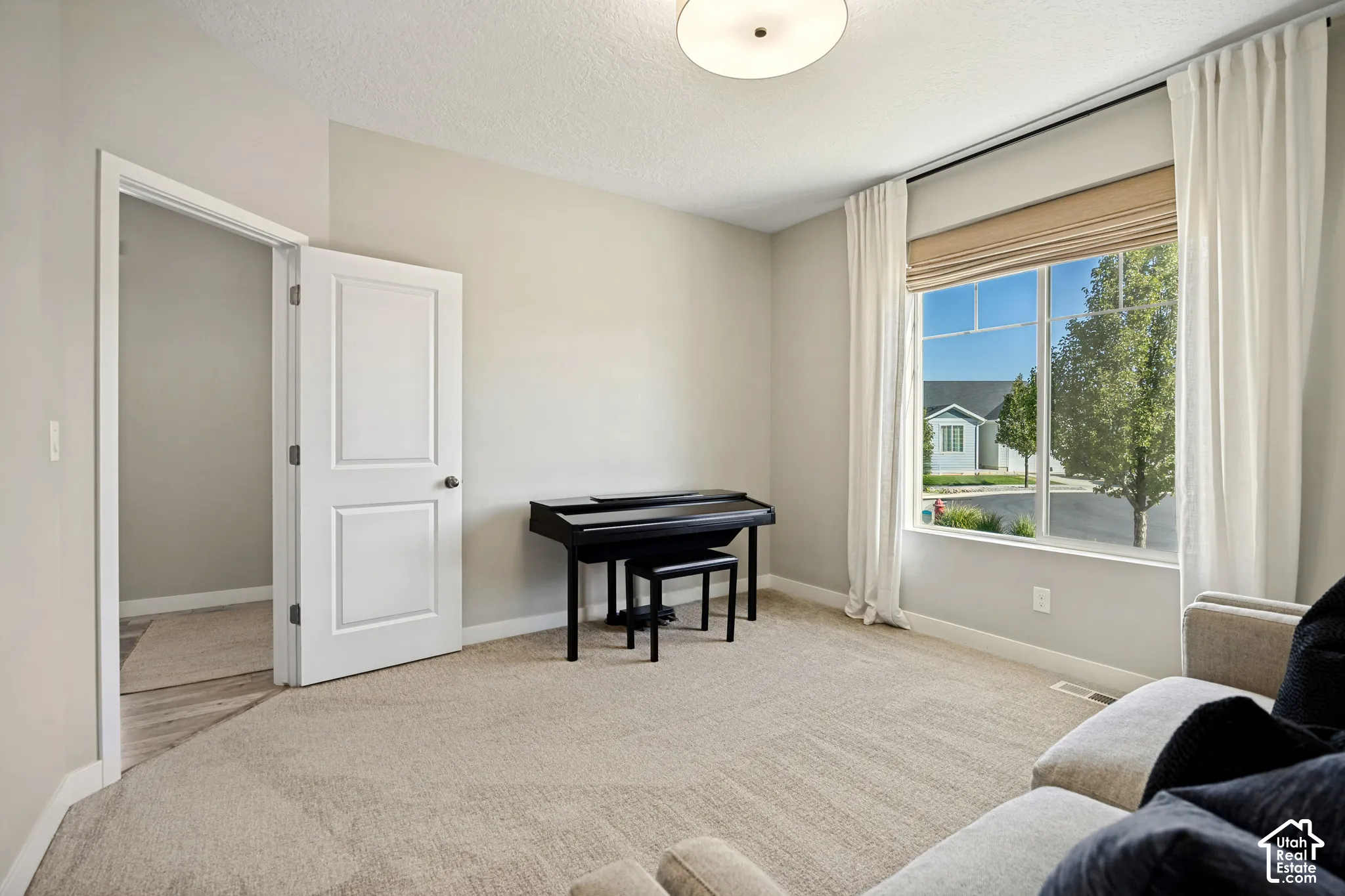 Neutral wall tones, wall-to-wall carpeting, large window with transom detail, and a ceiling-mounted flush light fixture