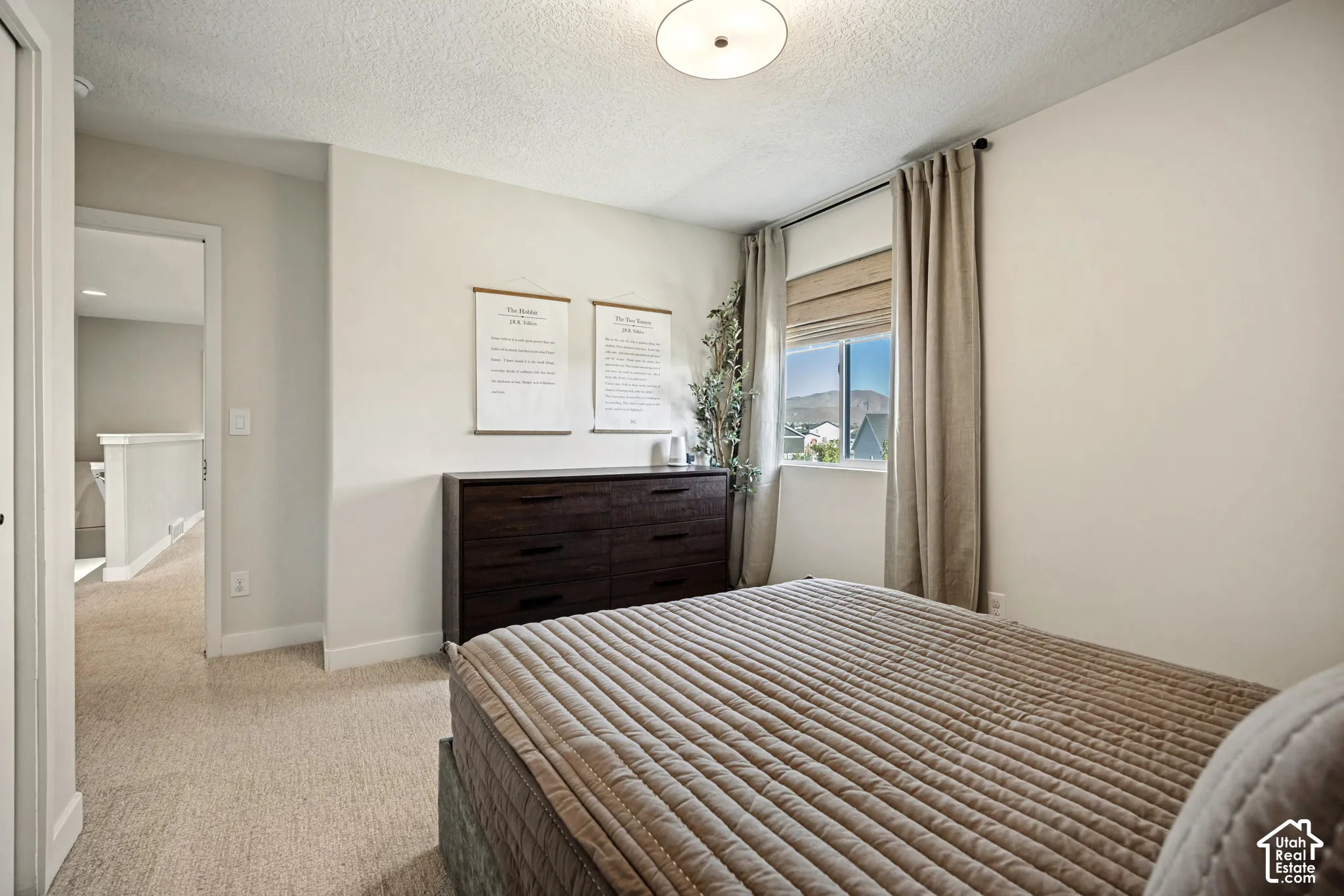 Neutral-toned walls, wall-to-wall carpeting, and a flush-mount overhead light fixture, featuring a window with a mountain backdrop