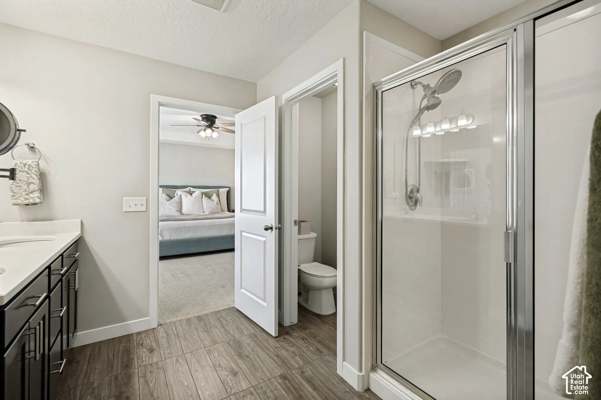 Bathroom featuring a vanity with dark cabinetry and a light-toned countertop, wood-finish tile flooring, and a glass-enclosed shower with a multi-function showerhead