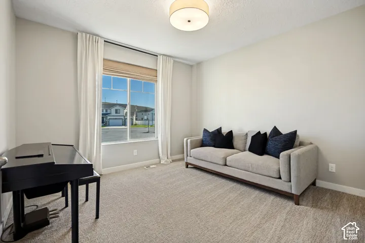 Neutral-toned room featuring textured carpeting, large window with natural lighting, and a modern drum-style flush mount ceiling light fixture