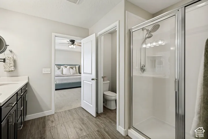 Bathroom featuring a vanity with dark cabinetry and a light-toned countertop, wood-finish tile flooring, and a glass-enclosed shower with a multi-function showerhead