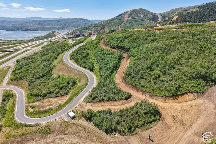 Aerial lot featuring mountainous topography, established vegetation, and paved road access