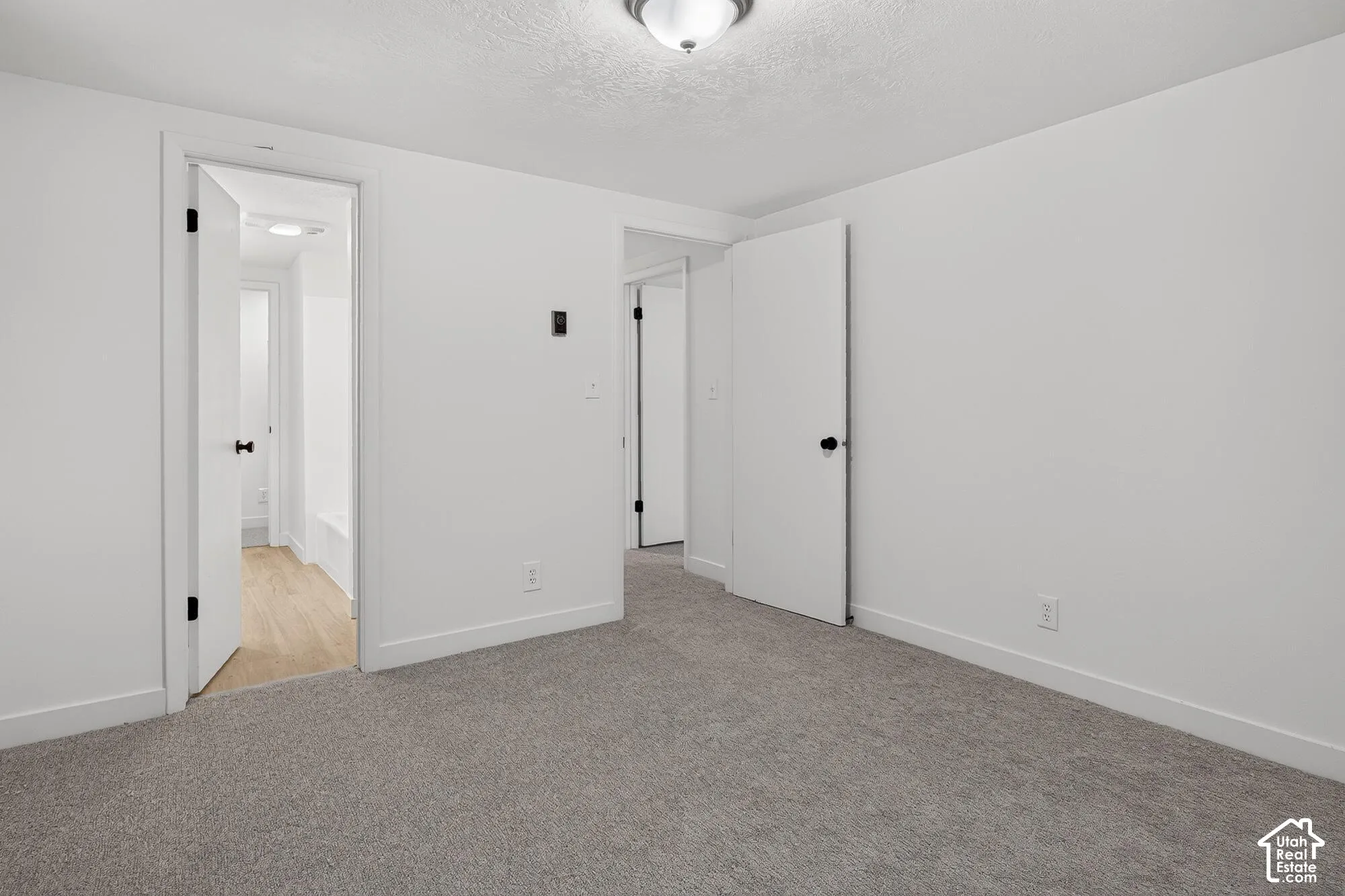 Interior space featuring neutral-toned carpeting, crisp white walls, and a central ceiling-mounted light fixture
