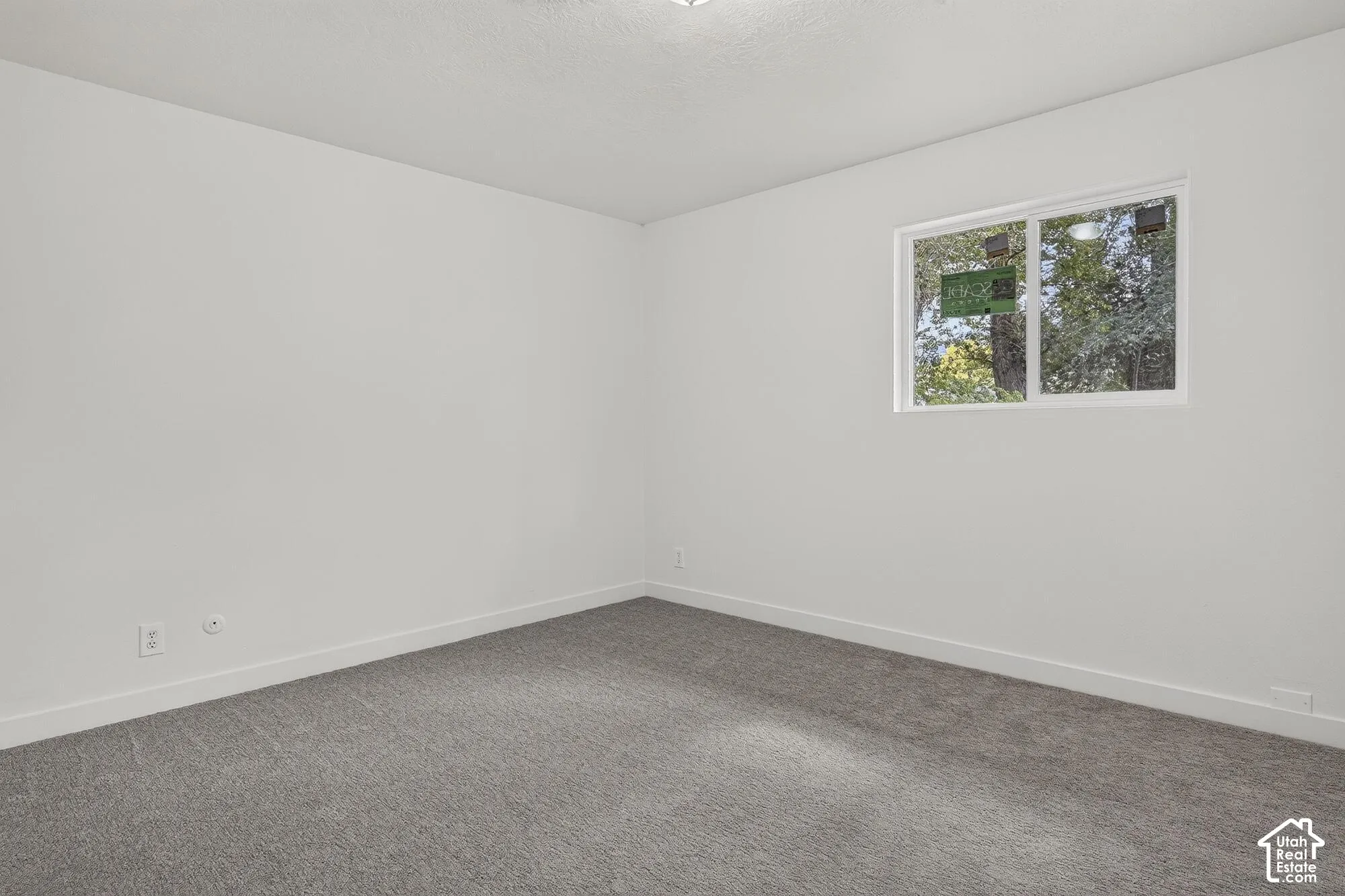 Neutral interior featuring grey carpeting and white walls with a sliding window
