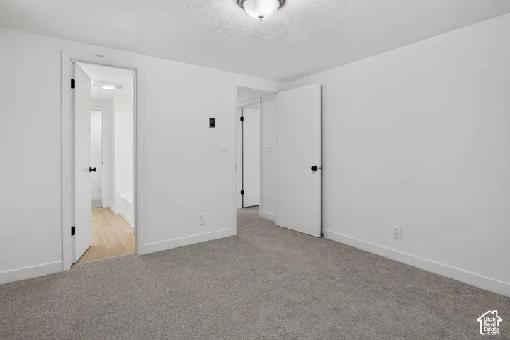 Interior space featuring neutral-toned carpeting, crisp white walls, and a central ceiling-mounted light fixture