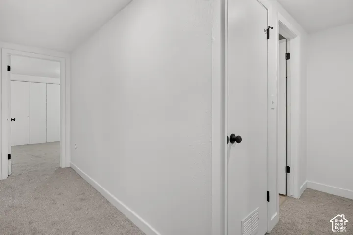 Interior hall featuring neutral-toned carpeting, solid-core doors with matte black hardware, and crisp white wall finishes