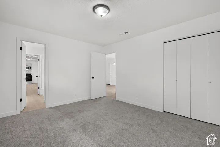 Neutral-toned wall-to-wall carpeting, flush-mount ceiling lighting, and floor-to-ceiling closet with multi-panel doors