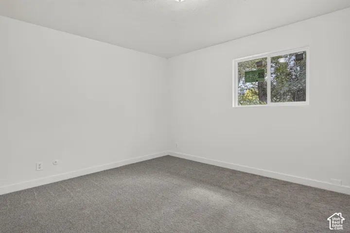 Neutral interior featuring grey carpeting and white walls with a sliding window