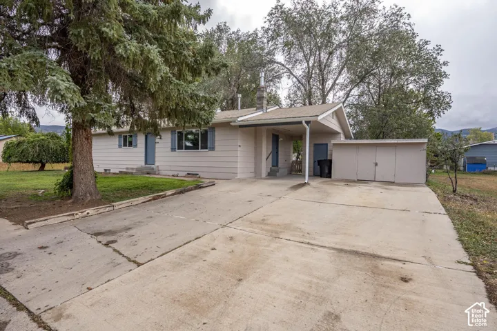 Single-story residence featuring horizontal siding, a concrete driveway, an attached carport, and an integrated exterior storage unit