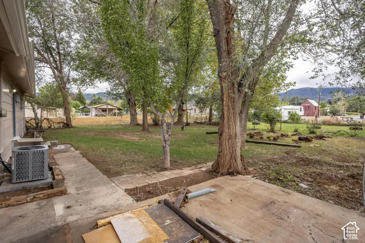 Expansive backyard featuring mature trees, concrete patio space, and mountain backdrop