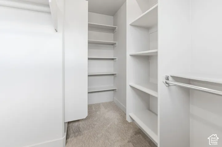 Storage space featuring white built-in shelving, a hanging rod, and neutral-toned carpeting