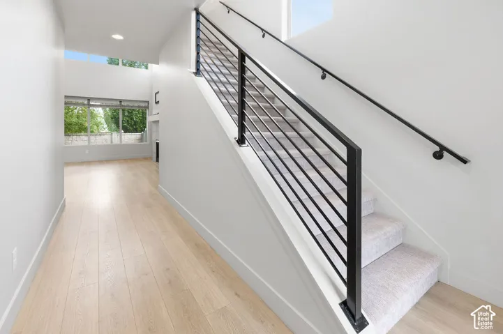 Staircase featuring a matte black horizontal railing system, carpeted treads, and light-toned wood-finish flooring