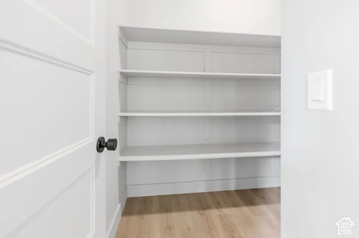 Built-in shelving featuring panel-detailed backing, three-panel door with matte black hardware, and wood-finish flooring