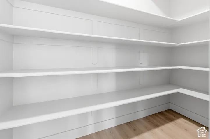 Walk-in storage featuring multi-level built-in shelving, custom wall paneling, and wood-finish flooring