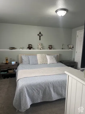 Room interior featuring a built-in display ledge, carpeted flooring, and a dome-style ceiling light fixture