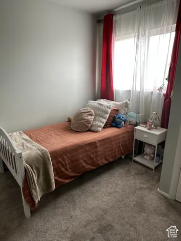 Neutral-toned wall paint, plush carpeting, and a large window featuring horizontal blinds