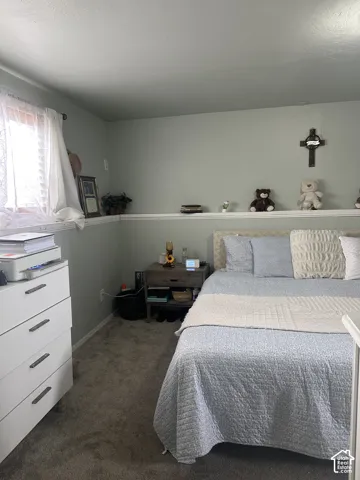 Room featuring neutral wall-to-wall carpeting, light-toned wall paint, and a built-in horizontal ledge shelf with decorative molding