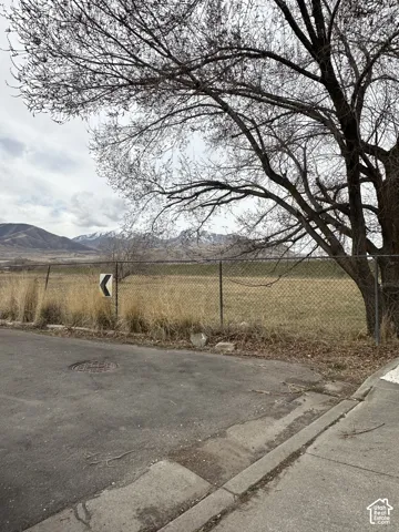 Expansive lot featuring a chain-link perimeter fence, mature deciduous tree, and prominent mountain backdrop