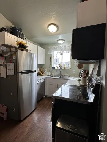 Kitchen featuring white cabinetry, wood-finish flooring, stainless steel appliances, and stone-finish countertops with a dual-basin sink