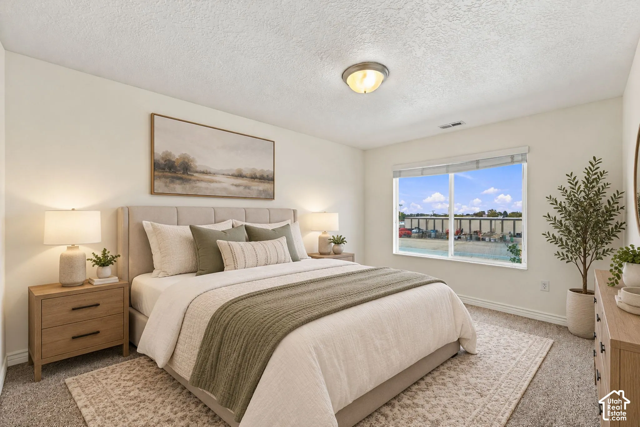 Neutral wall finishes, textured ceiling, wall-to-wall carpeting, large picture window, and dome-style flush-mount ceiling light