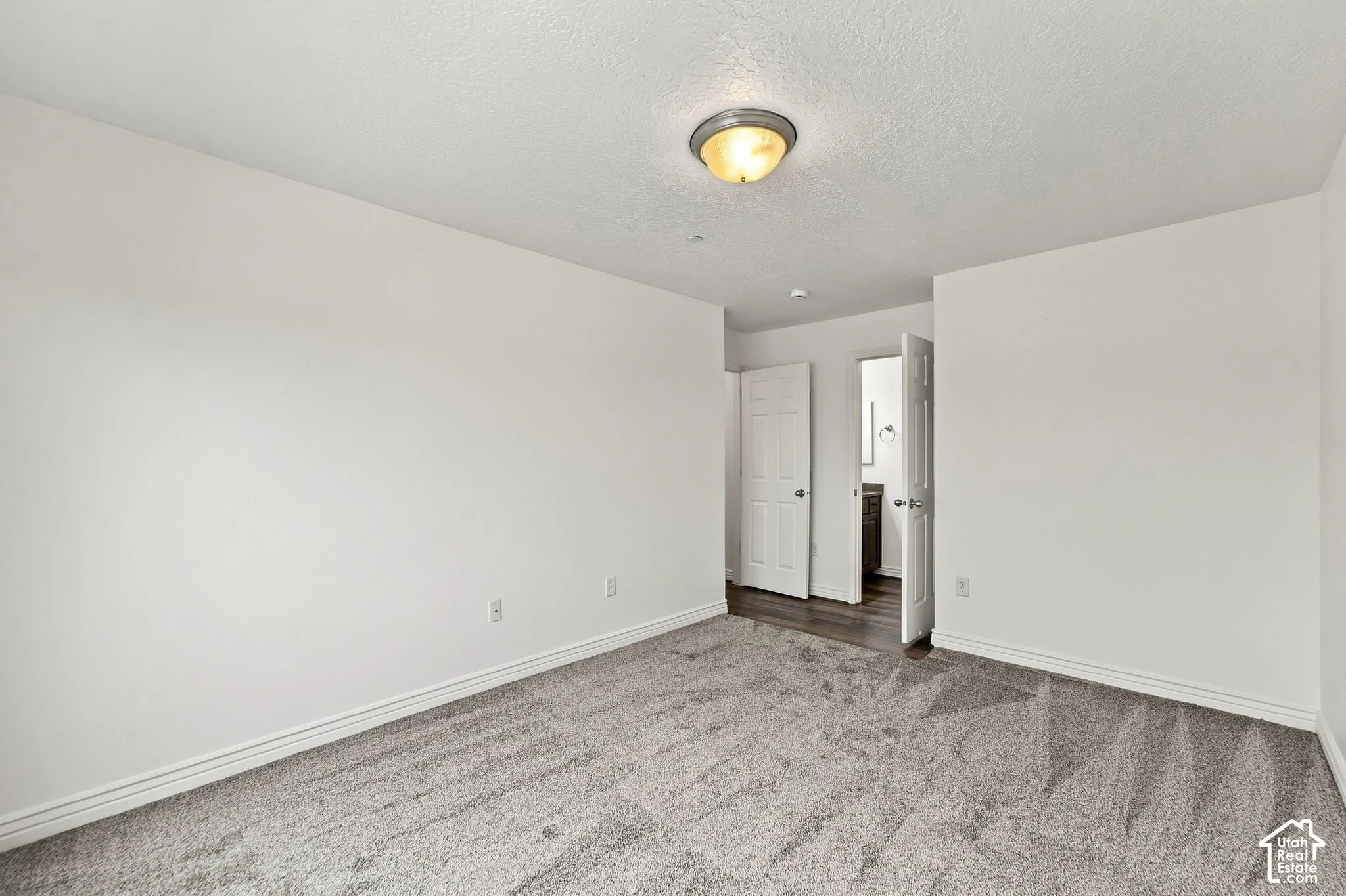 Neutral-toned wall-to-wall carpeting, flush-mount dome lighting, and two six-panel interior doors