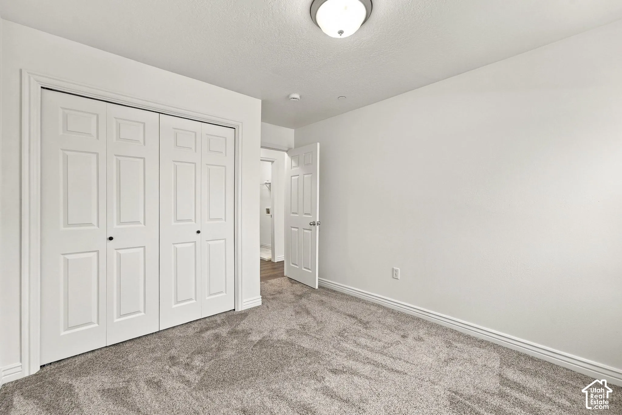Room featuring neutral wall-to-wall carpeting, ceiling-mounted light fixture, and double-door closet with six-panel doors
