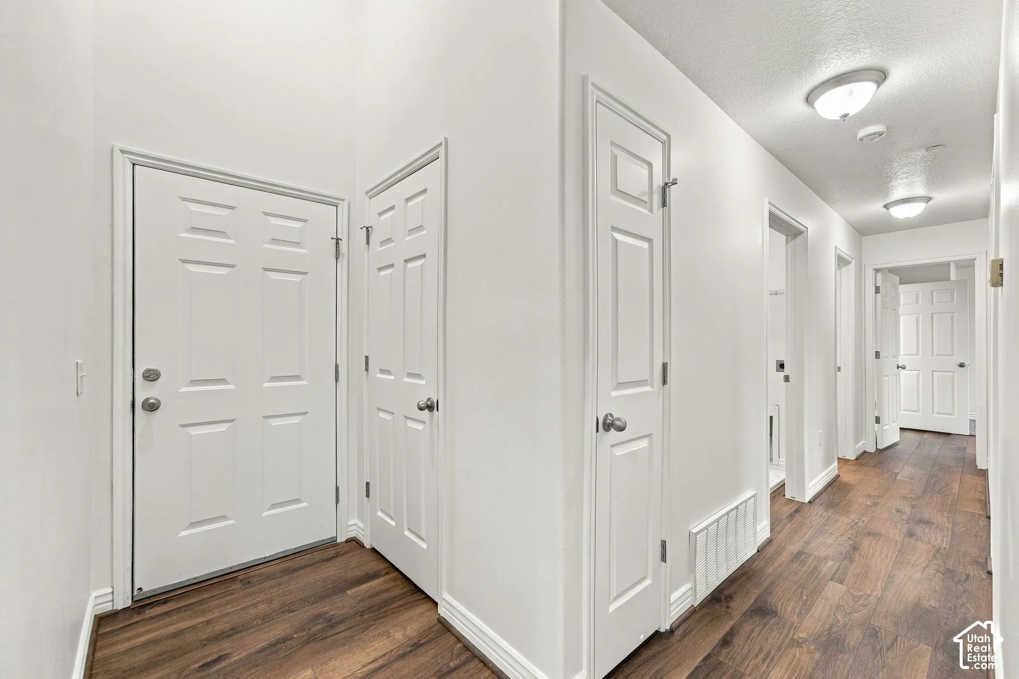 Entryway featuring wood-finish flooring, vaulted ceilings, six-panel interior doors, and flush-mount ceiling lighting