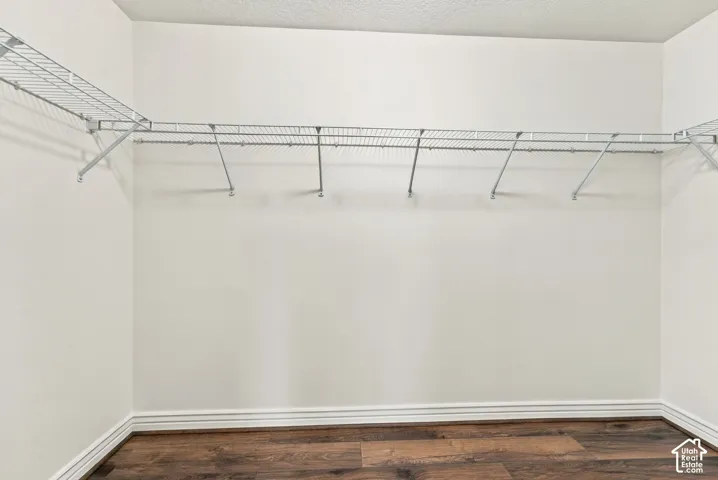 Walk-in closet featuring wood-finish flooring and integrated wire shelving