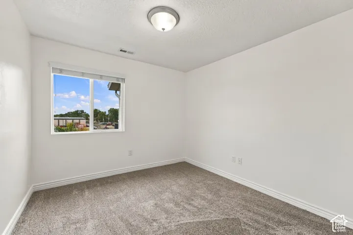 Neutral-toned carpeted flooring, white wall finishes, and a single-pane window with a roller shade, illuminated by a ceiling-mounted dome light fixture