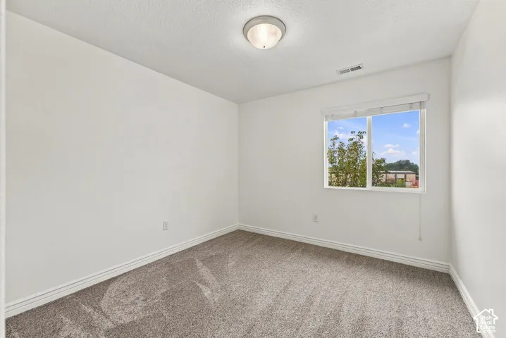 Neutral-toned wall-to-wall carpeting, crisp white walls, flush-mount ceiling lighting, and a window with horizontal blinds
