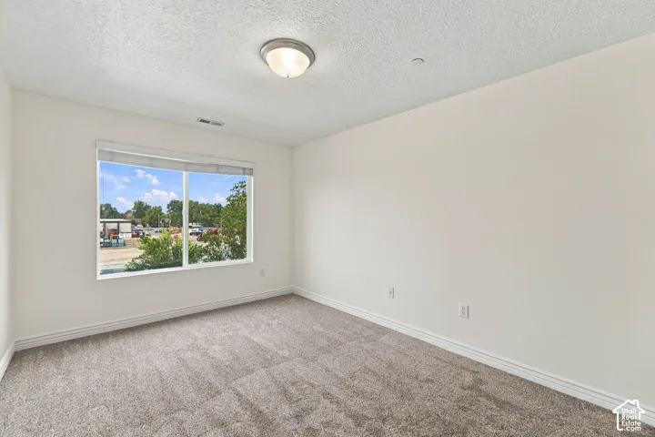 Neutral-toned carpeting, crisp white walls, large window with natural light, and flush-mount lighting