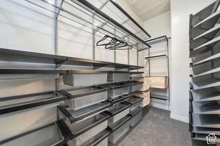 Walk-in storage space featuring multi-level metal shelving, integrated pull-out wire baskets, hanging rods, and carpeted flooring