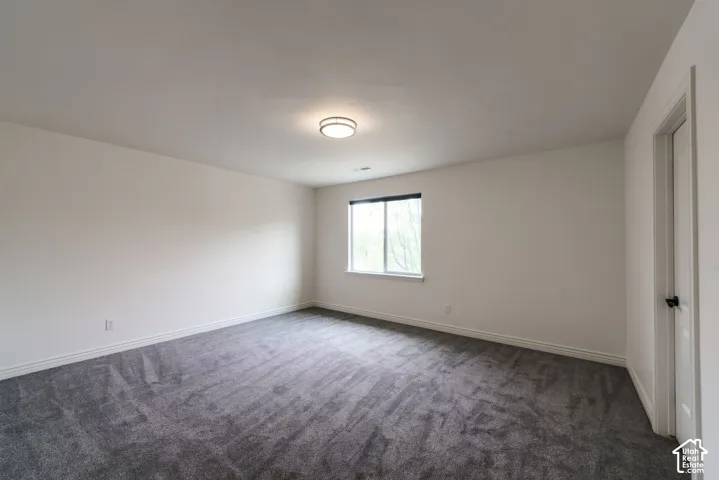 Room featuring neutral wall tones, gray carpeting, a single-pane window, and a flush-mount ceiling fixture