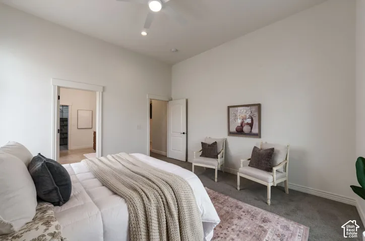 Room featuring high ceilings, neutral wall tones, wall-to-wall carpeting, and a ceiling-mounted light fixture