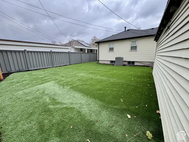Backyard featuring synthetic turf, full-perimeter privacy fencing, and exterior vinyl siding
