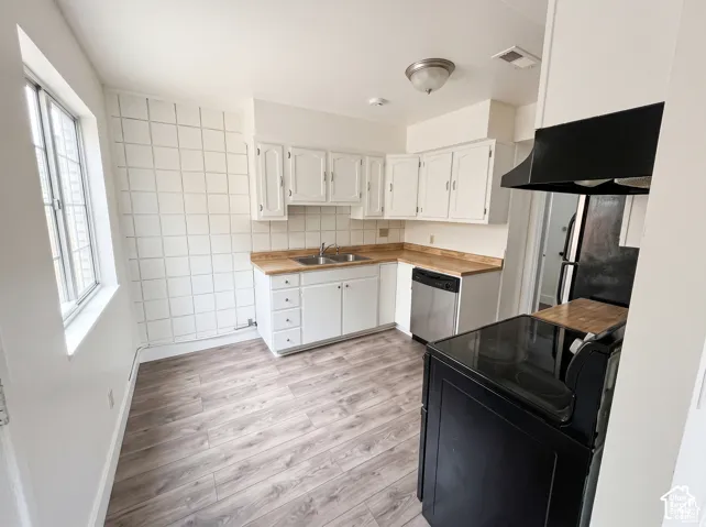 Kitchen featuring white cabinetry, wood-finish countertops, stainless steel dishwasher, wood-finish flooring, and a tiled accent wall