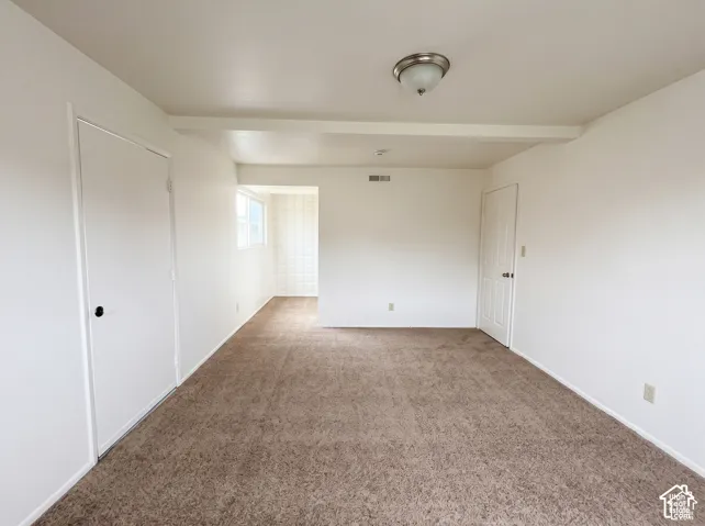Interior space featuring neutral wall tones, carpeted flooring, two interior doors, and a central ceiling-mounted light fixture