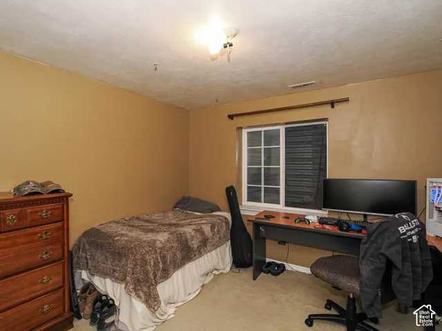 Room interior featuring neutral wall paint, carpeted flooring, and a sliding window with an attached curtain rod