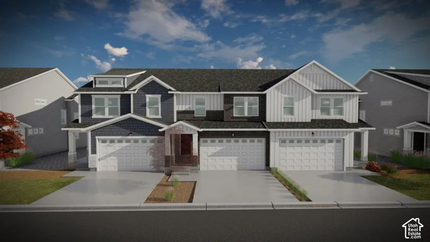 Multi-unit exterior featuring a combination of vertical board-and-batten siding and shingle accents, dark brick masonry, asphalt shingle roofing, and three individual two-car garages