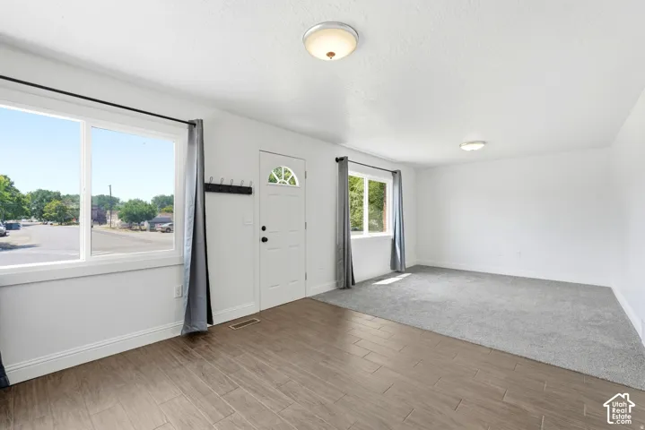 Interior space featuring wood-finish tile flooring, neutral wall-to-wall carpeting, dual-pane windows, and a multi-panel entry door with a decorative glass insert