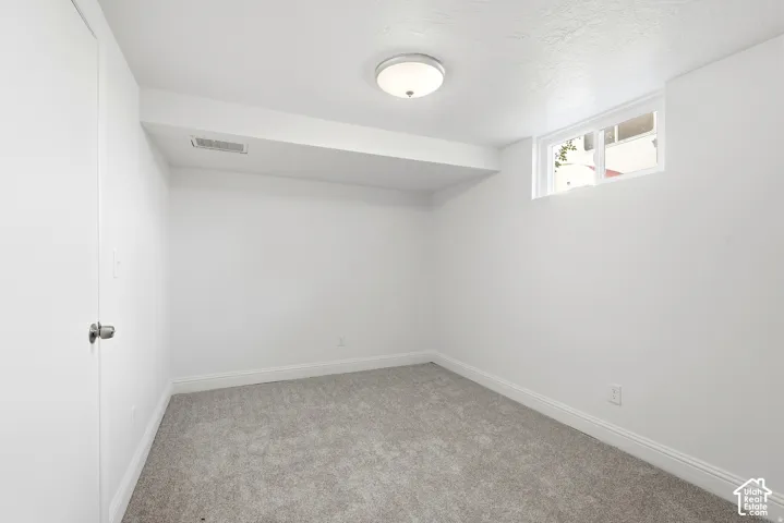 Neutral-toned carpeted flooring, white interior walls, sliding window, and ceiling-mounted flush lighting