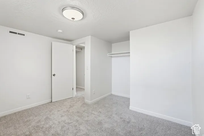 Neutral-toned interior featuring wall-to-wall carpeting, a flush-mount ceiling light fixture, and an open-concept reach-in closet with built-in shelving