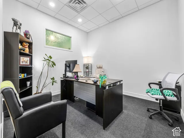 Interior room featuring charcoal carpeting, a dropped acoustic tile ceiling, recessed lighting, and a horizontal frosted glass transom window