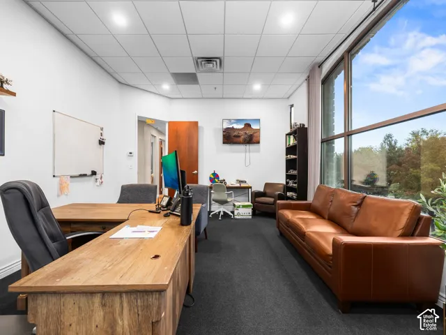 Interior office space featuring expansive floor-to-ceiling windows, a drop ceiling with recessed lighting, charcoal carpeting, and a solid-core wood door