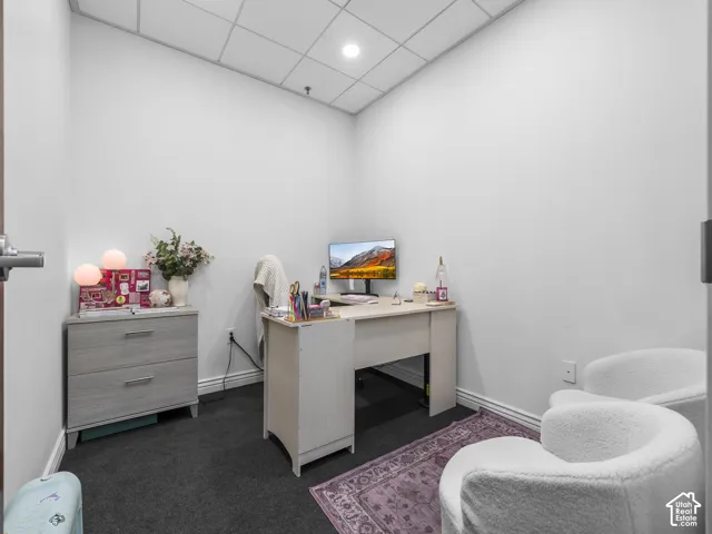 Enclosed room featuring neutral wall paint, dark carpeting, and a drop ceiling with recessed lighting