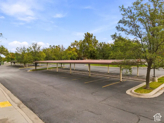 Asphalt parking lot featuring covered vehicle stalls, metal roofing structures, painted stall lines, and mature trees