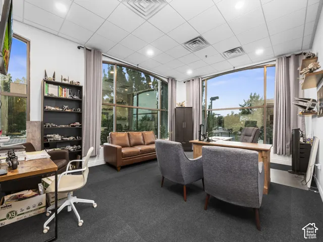 Office space featuring floor-to-ceiling windows, drop ceiling with recessed lighting, and wall-to-wall carpeting