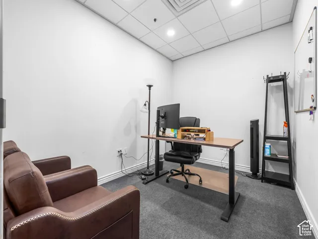 Enclosed office featuring recessed lighting, a drop-ceiling grid system, and charcoal carpeting